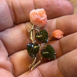Floral Brooch with Pink Roses & Green Leaves